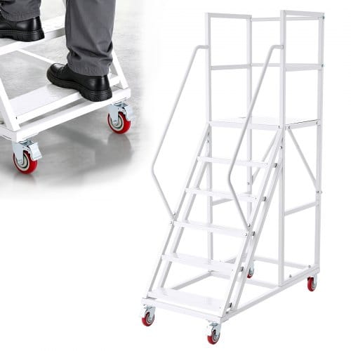 VEVOR 6-Stufige Rolltreppe Mobile Lagertreppe Lagerleiter 500kg Tragkraft, Rollleiter für Lager Fabrik Supermarkt & Bibliothek, Stahlkonstruktion, mit Handläufen, Rutschfesten Pedalen & Bremsrollen