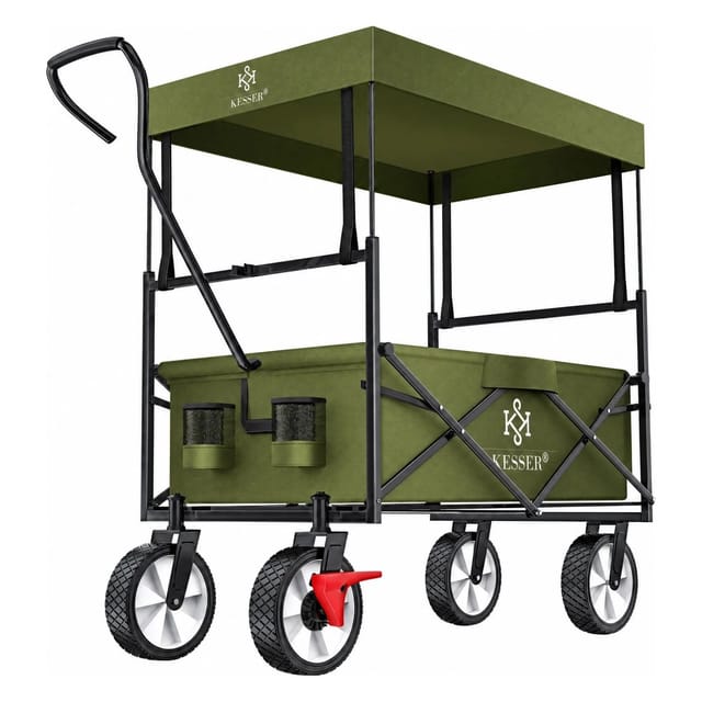 KESSER Bollerwagen Faltbar mit Dach Vollgummireifen Vorderradbremse Khaki