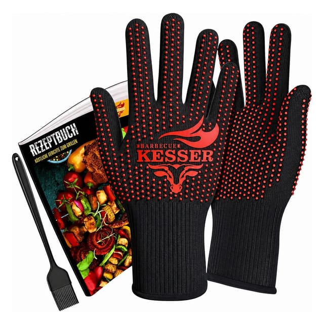 KESSER Grillhandschuhe Hitzebeständig Bis 500 °C EN407 XL-XXL Schwarz Rot