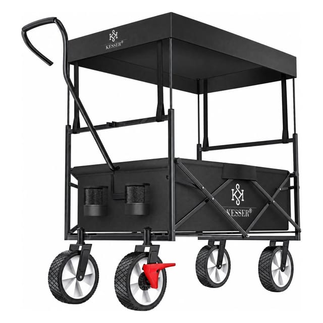 KESSER Bollerwagen Faltbar mit Dach Vollgummireifen Vorderradbremse Schwarz