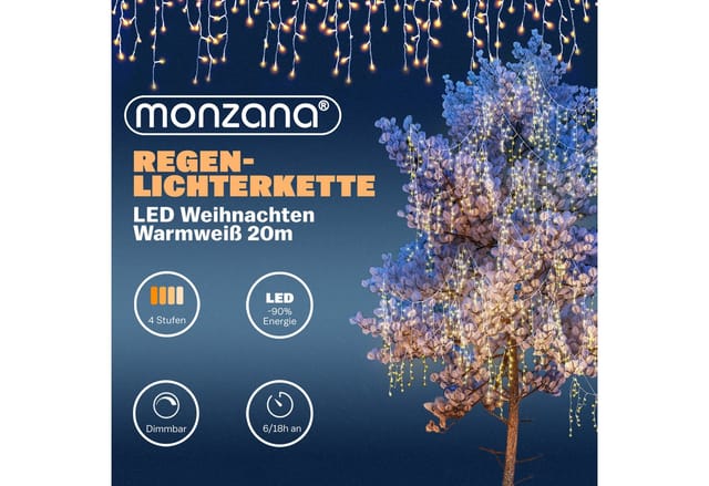 monzana Lichterkette Deuba, Regenlichterkette Fernbedienung 20 m 600 LED warmweiß