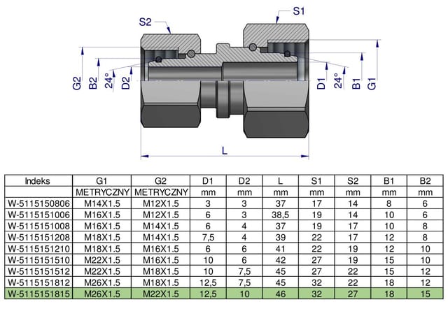 Metrische Hydraulikkupplung Aa Waryński M26x1,5 18l X M22x1,5 15l