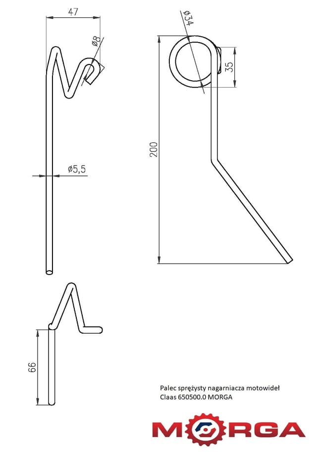 Einzelner Federzinken Für Die Spule Der Morga Claas 650500.0 Spule, Durchmesser 5,5 Mm, L-200 Mm, Pulverbeschichtet