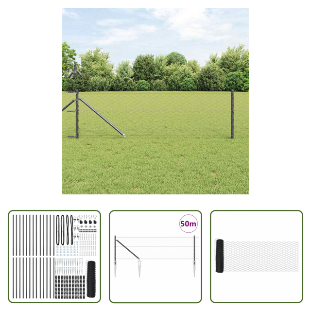 Außenzaun - Zaunpfosten Grau 50 X 0,6 M (50 Mm Gewebe) Stahl Und Pvc