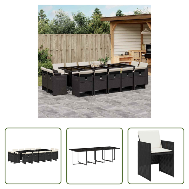 Essgruppe - 15-tlg. Garten-essgruppe Mit Kissen Schwarz Poly Rattan