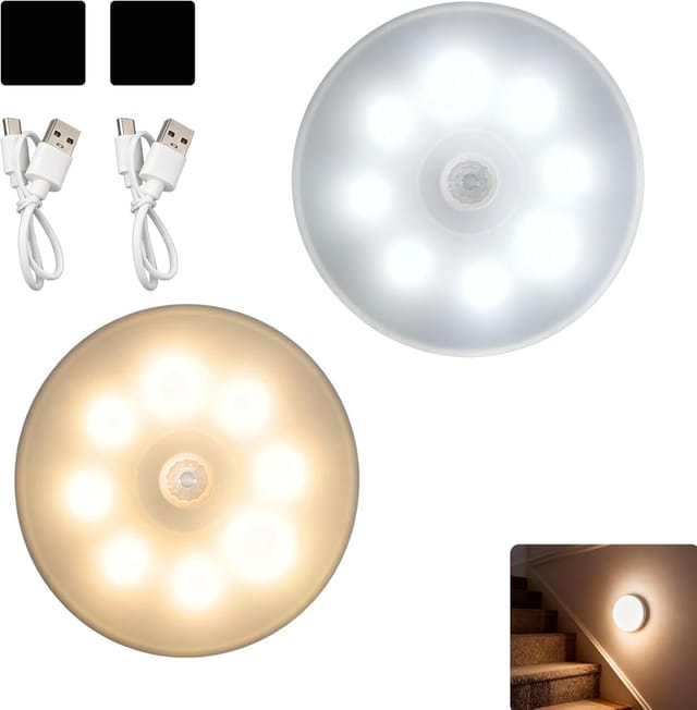 Set Mit 2 Wiederaufladbaren Bewegungsmelder-nachtlichtern – Intelligente Led-beleuchtung Für Flure, Küchen, Treppenhäuser Und Kinderzimmer – Einfache Installation Und Beruhigendes Licht [energieklasse