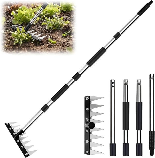 Unkrautrechen, Gartenrechen Mit Stiel (155 Cm) Multifunktionaler Unkrautrechen Aus Manganstahl Zum Jäten, Auflockern Und Säen (8 Zinken)