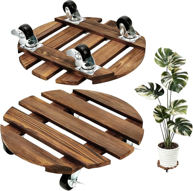 Pflanzenständer Mit Rollen, 2 Blumentopfhalter Auf Rollen, 360° Drehbare Und Feststellbare Rollen, Tragkraft 120 Kg, Zimmerpflanzenständer Mit 30 Cm Rollen, Braun