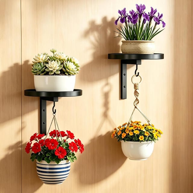 2-teiliges Wandpflanzenregal, Metall-wandpflanzenhalter Mit Integriertem Haken, Wandpflanzenständer Für Blumentöpfe, Für Wohnzimmer, Balkon, Garten, Schwarz, Ø 15 Cm
