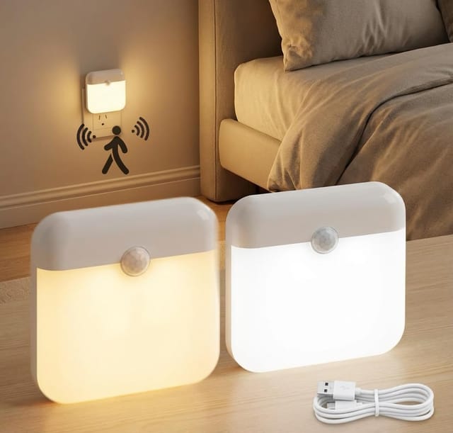 Set Mit 2 Led-nachtlichtern Mit Bewegungsmelder Und Magnetischem Dämmerungssensor, 3000k/6000k Warmweiß, Wiederaufladbar, Für Kinder, Flure, Treppenhäuser Und Schlafzimmer [energieklasse D]