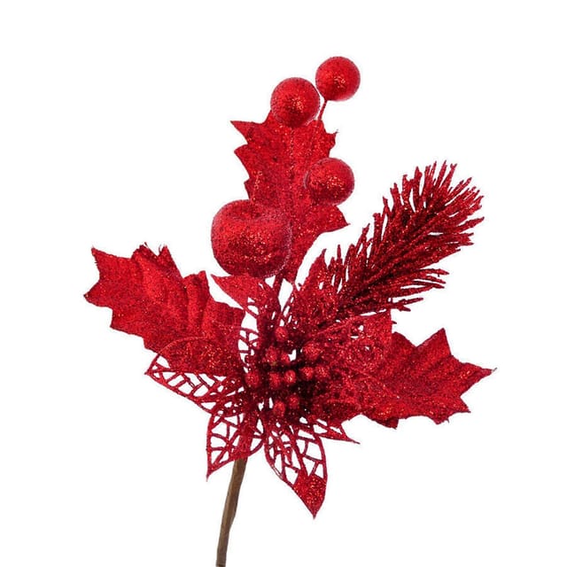 Künstliche Weihnachtswurzelzweige Mit Blättern, 23 Cm, Goldfarbenes Pulver, Stecklinge, Glitzernde Weihnachtsbaum-dekorationen, Rote Blätter