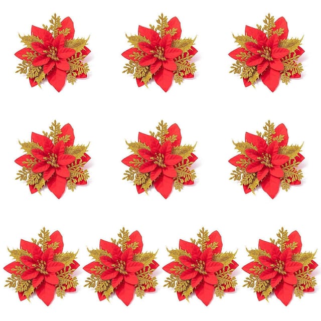 10 Künstliche Weihnachtssterne (14 Cm) Mit Glitzer, Ideal Für Hochzeiten, Partys Und Kränze, In Gold Und Rot