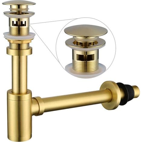 Siphon Aus Messing Mit Spülbeckenverschluss: 1 1/4" Runder Siphon Mit Überlauf, Höhenverstellbar, Gebürstetes Gold, Komplettes Sanitär-set Für Den Rohraustausch.