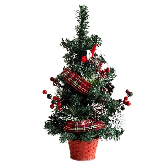 Eleganter Weihnachtsbaum Für Die Innendekoration, Kleiner Künstlicher Weihnachtsbaum Mit Tannenzapfen Und Beeren Als Tischdekoration