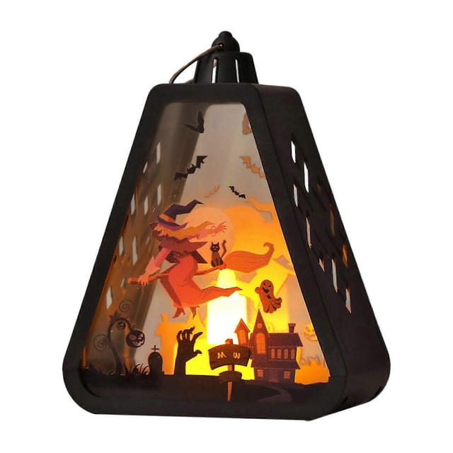 Dekorative Hängelaterne Mit Hexen-, Kürbis- Und Burgmotiv, Dreieckige Form, Für Halloween, Weihnachten, Als Dekoration Für Haus Und Garten, Mehrfarbig