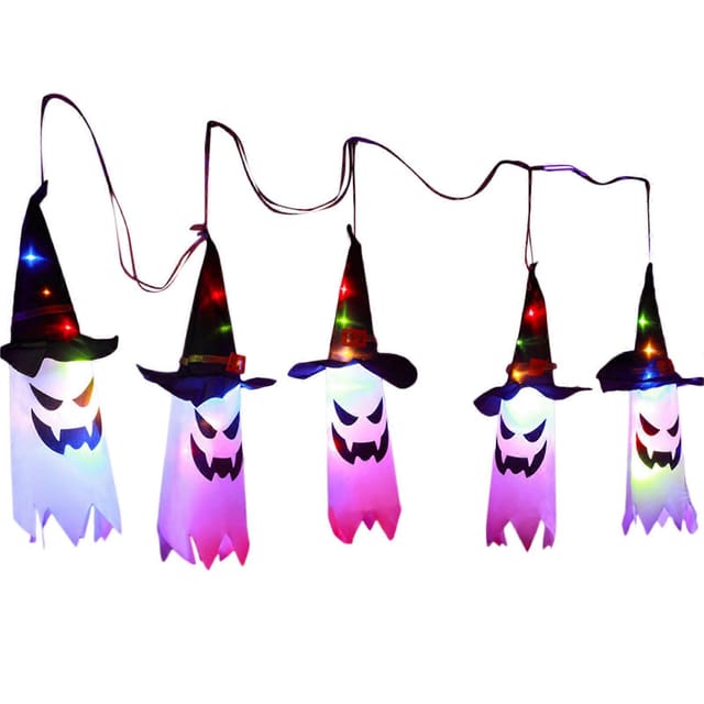 Halloween-lichterketten-dekorationen, Gruselige Hängedekorationen, Leuchtende Halloween-hexenhut-gnome, Gesichtslose Puppe, Mehrfarbig
