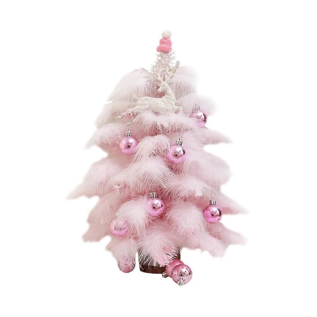 Mini-tischweihnachtsbaum Mit Federn Und Lichterkette. Einfacher Aufbau, Ideal Für Selbstgemachte Schreibtischdekoration. Sorgt Für Festliche Stimmung. Rosa.