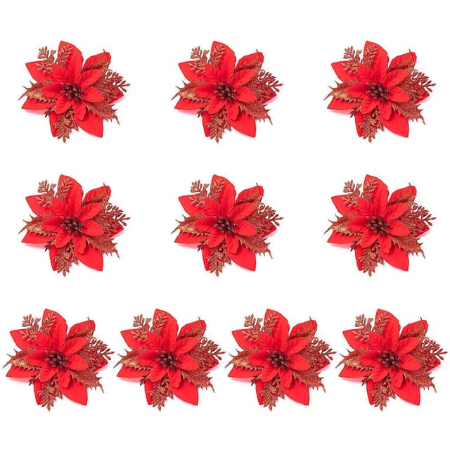 10 Künstliche, Glitzernde Weihnachtssternblumen (14 Cm) – Christbaumschmuck, Weihnachtsdekoration Für Zuhause, Neujahr, Rot