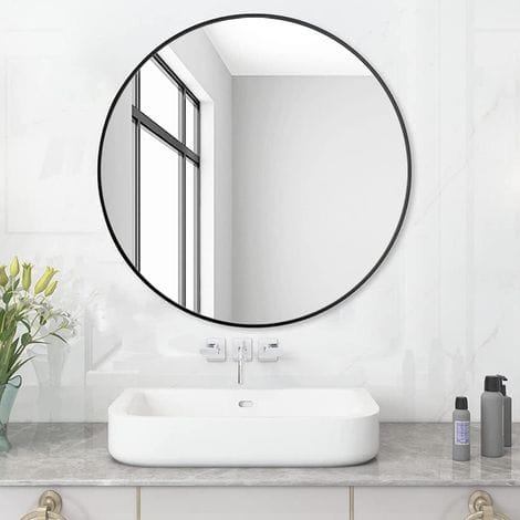 Jusch – Runder Badezimmerspiegel 50 Cm – Schwarzer Kunststoffrahmen – Bleifreies Hd-glas – Einfache Montage An Glatten Wänden