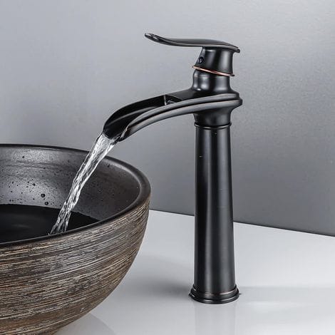 Schwarzer Wasserfall-waschtischhahn, Hoher Retro-waschtischhahn, Messing-waschtischarmaturen, Antiker Orb-einhebel-waschtischhahn