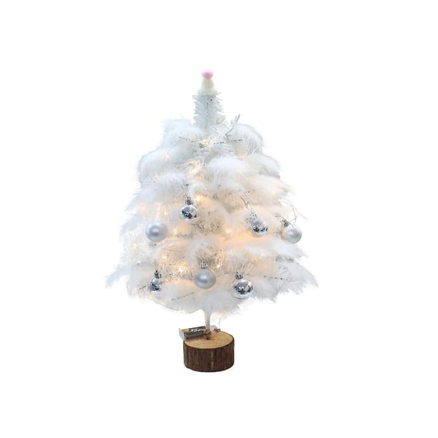 Tischweihnachtsbaum. Verleihen Sie Ihrem Tisch Mit Federschmuck Und Led-lichtern Festliche Stimmung Und Schaffen Sie Eine Warme, Verspielte Atmosphäre. Weiß