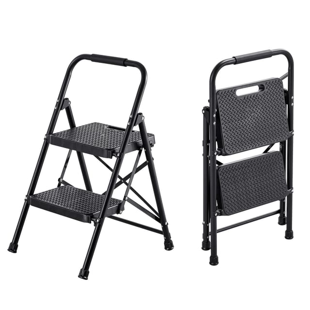 Klappbarer 2-stufiger Stahltritt, Breite, Rutschfeste Trittstufe Mit Komfortgriff, Leichte, Tragbare Leiter (272 Kg), Vielseitig Einsetzbar Für Küche, Haushalt Und Büro, Schwarz