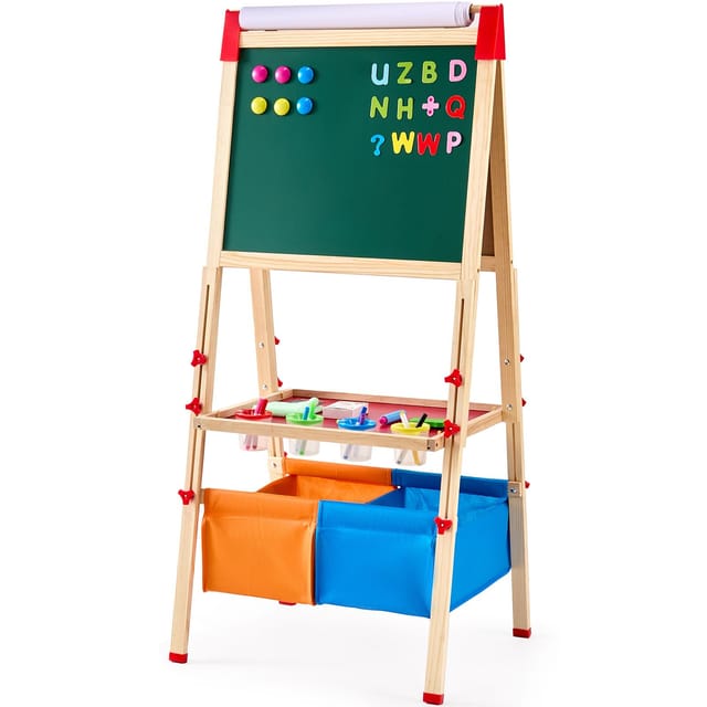 3-in-1 Doppelseitige Kinderstaffelei Aus Holz Mit Magnetischer Whiteboard- Und Tafelfunktion, Papierrolle, Verstellbarer Zeichenstaffelei, Malzubehör Und Aufbewahrungsmöglichkeit