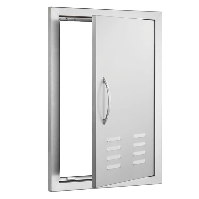 Grilldurchführung 610 X 431 Mm, Einflügelig, Für Außenküchen, Edelstahl, Einbau, Vertikale Wandtür Mit Griff, Lüftungsgittern Und Haken, Für Grillinseln, Grillstationen, Außenschränke