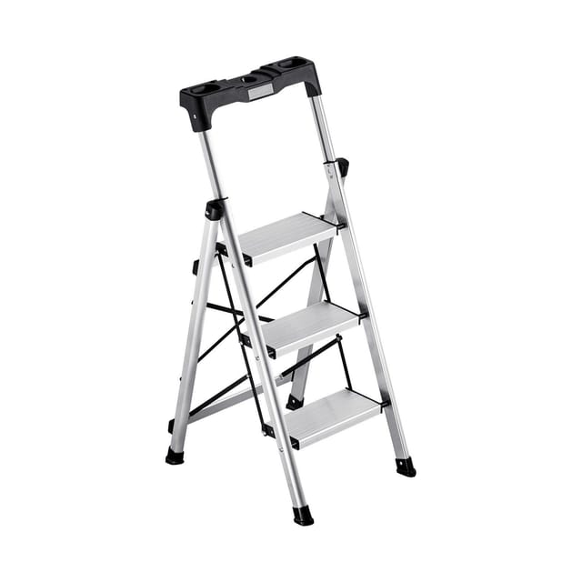Klappbarer 3-stufiger Aluminium-tritt, Breite, Rutschfeste, Tragbare Trittleiter Mit Komfortgriff, Tragkraft 150 Kg, Vielseitig Einsetzbar Für Küche, Lager, Haushalt Und Büro, Silber