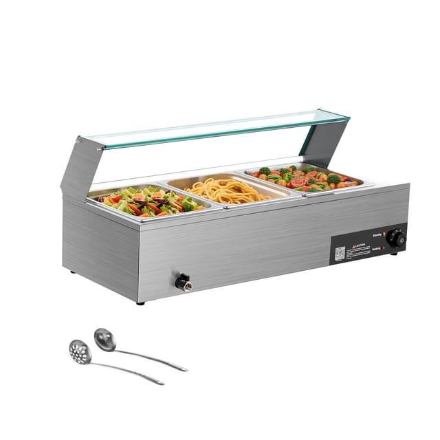 Professioneller Elektrischer 1500-w-speisenwärmer Aus Edelstahl, Dampfgarer Für Buffets Mit Glasdeckel, 3 Tabletts, Suppenkellen Und Schaumlöffel, Für Caterer, Restaurants Und Empfänge