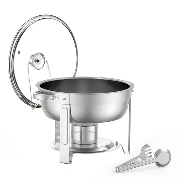 Set Aus 2 Edelstahl-buffet-warmhaltebehältern (je 5 Liter), Runder Warmhaltebehälter Mit 2 Großen Gn-behältern, Glasdeckel, Bain-marie, Klappständer Und Brenner, Silberfarben, Für Hochzeitsfeiern