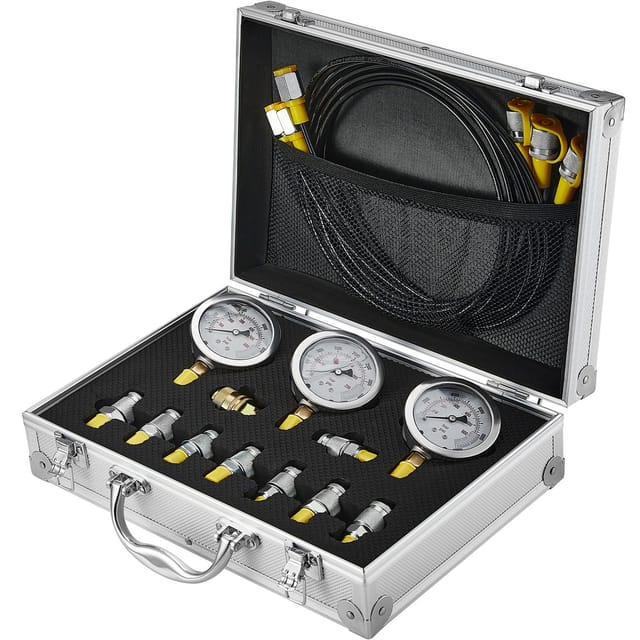 Hydraulikdruckprüfset, 250/400/600 Bar, 3 Manometer, 9 Prüfanschlüsse, 3 Schläuche, Transportkoffer Für Bagger, Traktoren Und Baumaschinen