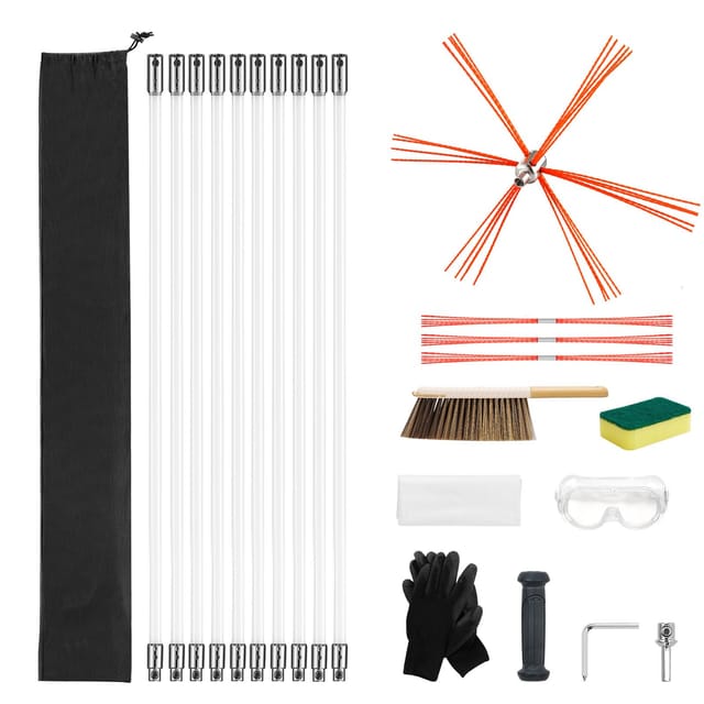 Schornsteinreinigungsset, Ausziehbare Schornsteinbürste Bis Zu 10 M, Reinigungsset Mit Ersatzbürsten Und Schutzbrille, 90°-klappwerkzeug Für Quadratische Und Rechteckige Schornsteine