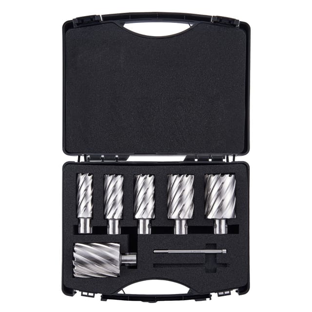 Satz Mit 6 Universal-schaft-ringfräsern Für Magnetbohrmaschinen, 5,1 Cm Schnitttiefe, 2,5 Bis 5,1 Cm Durchmesser, M2al-schnellarbeitsstahl, Inklusive 2 Pilotbohrern Und Transportkoffer