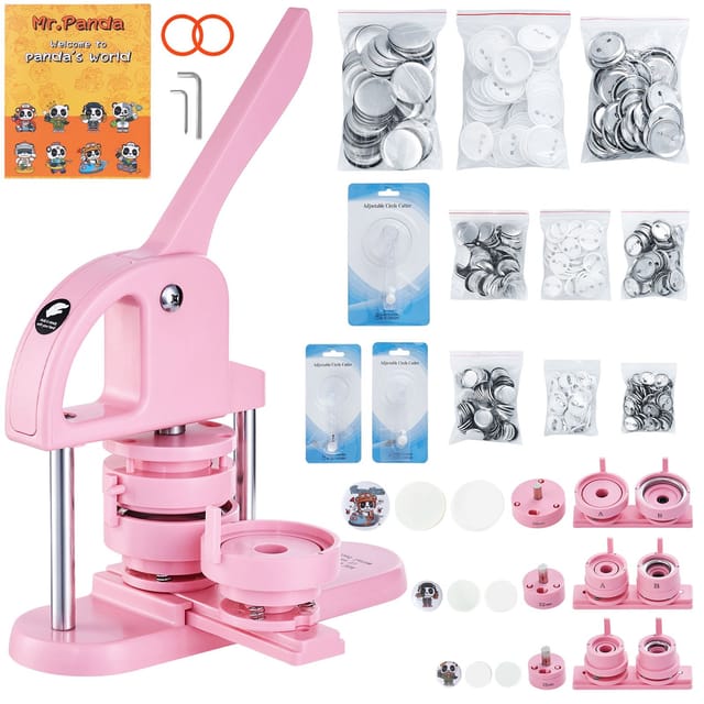 3-in-1-anstecknadelmaschine (25/32/58 Mm), 300-teiliges Zubehörset, Knopfpresse Mit Ergonomischem Griff, Zauberpanda-buch, Kreatives Diy-set Für Kinder, Rosa