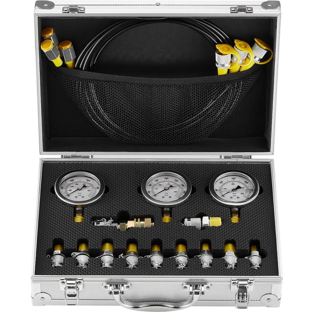 Hydraulikdruckprüfset, 250/400/600 Bar, 3 Manometer, 11 Prüfanschlüsse, 3 Prüfschläuche, Hydraulikdruckmessgeräte-set Für Bagger Mit Tragekoffer, Für Bagger, Traktoren Und Baumaschinen