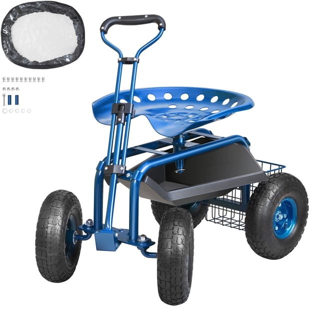 Rollbarer Gartenwagen Mit 360° Drehbarem Sitz, Rollbarer Gartenhocker Zum Pflanzen, Bollerwagen Mit Lenker Und Werkzeugablage, Für Terrasse, Garten Und Außenbereich, Blau