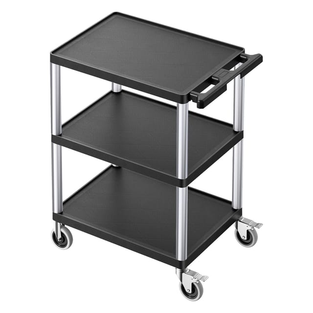 Servierwagen, 136 Kg Tragkraft, 70 X 46 Cm, Robuster Kunststoff-servierwagen Mit 3 Ablagen Und 360°-lenkrollen, 2 Davon Mit Bremsen, Für Lager, Garage Und Reinigung