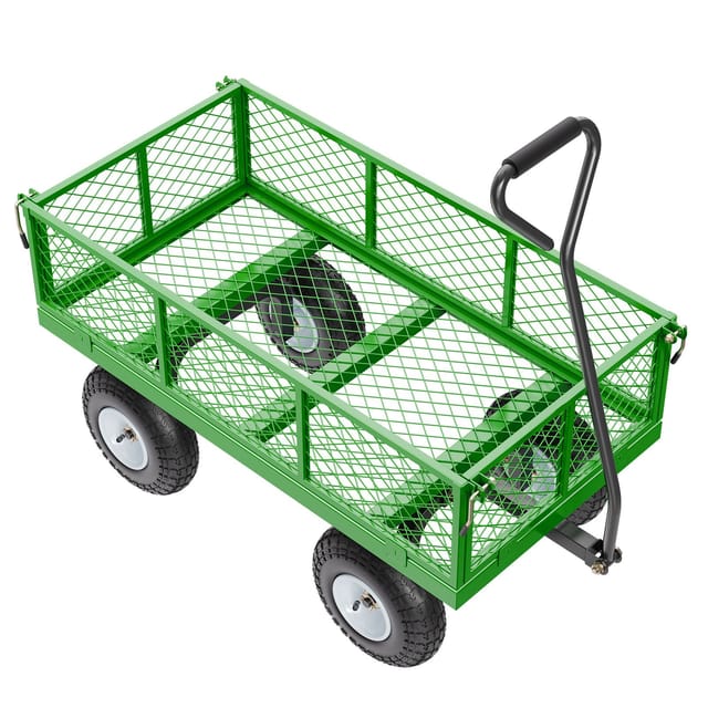 900 Pfund Schwerer Gartenwagen Aus Stahl Auf Rädern, Robuster Anhänger Für Den Außenbereich, Metallwagen Mit 10-zoll-reifen, Abnehmbaren Gitterseitenwänden (flache Ladefläche) Und Um 180° Drehbarem Gr