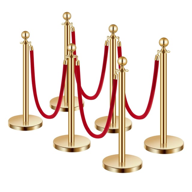 Rote Samtseile Zur Absperrung Mit Edelstahlstangen Und Hohlem Sockel, 6 Goldene Absperrgitter, Roter Teppich Für Partys