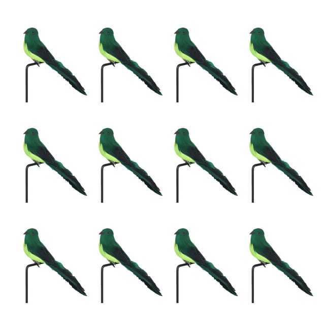 Set Mit 12 Realistischen Künstlichen Vögeln Aus Federn Und Schaumstoff, Dekorative Vögel Zum Aufstellen Oder Aufhängen Im Garten Und In Innenräumen, 20 Cm, Grün