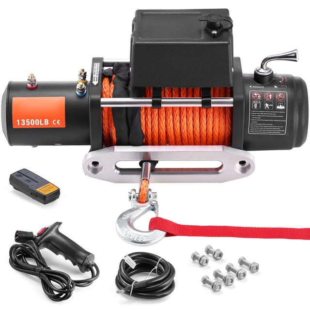 Elektrische Seilwinde 6100 Kg, 12 V Dc Für Lkws, Mit 9,5 Mm X 24 M Synthetikseil, Drahtloser Und Kabelgebundener Fernbedienung, Ideal Zum Abschleppen Von Suvs, 4x4s, Jeeps, Anhängern Und Booten
