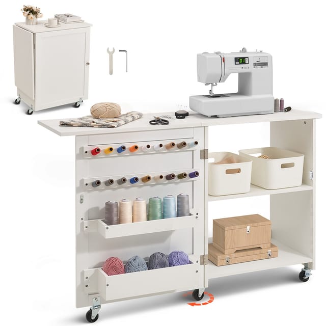 Klappbarer Nähtisch, Multifunktionaler Nähmaschinentisch, Kompaktes Design, Rollen, Ablagen, Aufbewahrungsboxen, Holzhaken, Magnettüren, Nähtischmöbel, Weiß