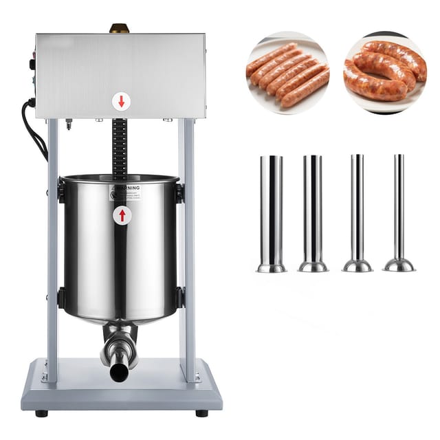 Elektrischer Wurstfüller (10 L), 10 Kg Vertikaler Fleischfüller Mit Stufenlos Einstellbarer Geschwindigkeit, Wurstmaschine Aus Edelstahl, Fußpedal Und 4 Füllrohren, Für Gewerblichen Und Privaten Gebra