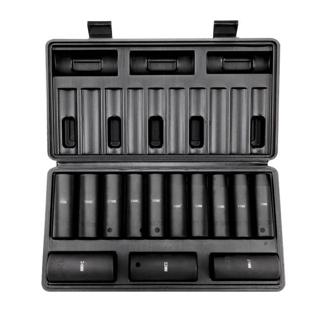 1/2"-schlagschrauber-steckschlüsselsatz, 13-teilig, Lange Metrische Steckschlüssel (10–24 Mm), 6-kantig, Aus Cr-v-legierungsstahl Für Kfz-reparaturen, Klare Markierungen, Robust, Koffer