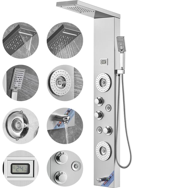 Wandmontierte Duschpaneele Aus Edelstahl, 6 Strahlarten, Säule Mit Led-beleuchtung Und Display, Regenduschkopf, Wasserfalldusche, 4 Massagedüsen, Wannenauslauf, Handbrause Und 150 Cm Langer Schlauch