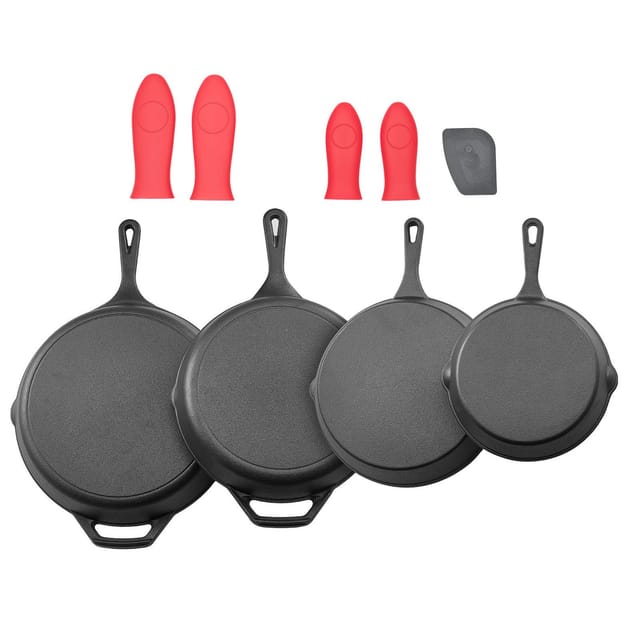Gusseiserne Bratpfanne, 4er-set (155, 205, 260, 305 Mm), Mit Hitzebeständigen Silikongriffen, Eingebrannt, Für Profis Geeignet, Ofenfest, Gas-, Elektro- Und Induktionsgeeignet, Schwarz