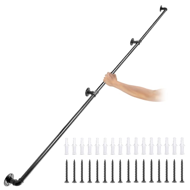 304,8 Cm Langes Treppengeländer Aus Kohlenstoffstahl, Rundes, Industriell Gefertigtes Wandgeländer, Inklusive Wandhalterung, Tragfähigkeit 199,6 Kg, Für Den Innen- Und Außenbereich