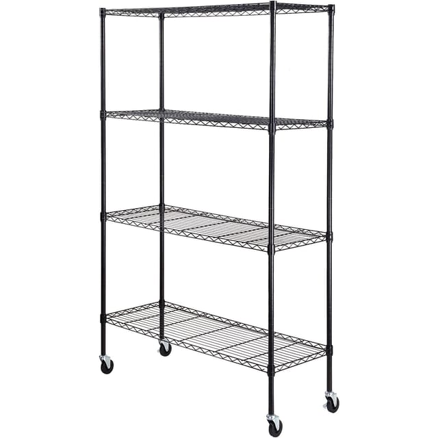 Rollbares Aufbewahrungsregal, 4 Verstellbare Ebenen, Tragkraft 318 Kg, Robustes Metallregal Für Garage, Drahtorganizer, Schwarz, 120 Cm B X 45 Cm T X 188 Cm H Für Küche, Speisekammer, Keller, Badezimm