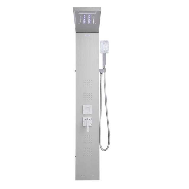 Duschpaneel Mit Wasserfall-regenduschkopf, Led-beleuchtung, 135 Cm Gebürsteter Edelstahl, 5-funktions-mischbatterie, Wandmontiertes Regenmassagesystem, Handbrause Und Badewanneneinlauf